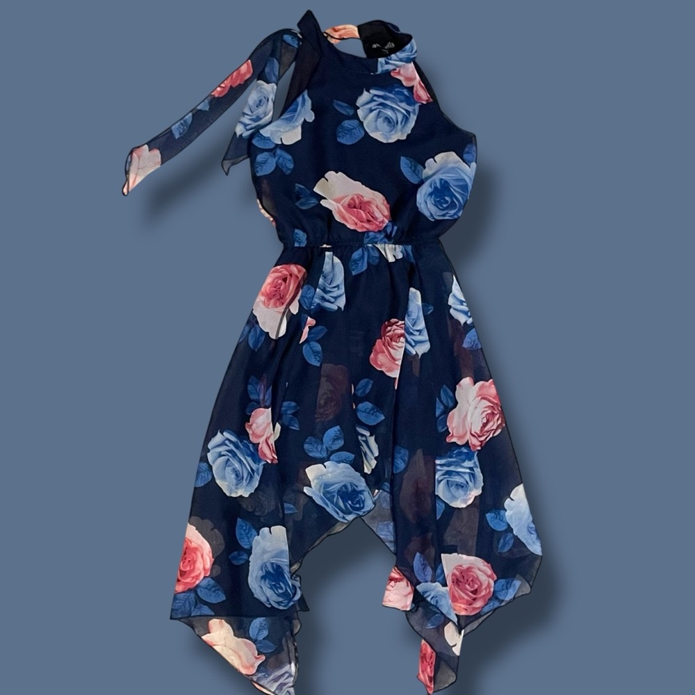 Ava & Yelly Navy Floral Halter Dress (Size 7, EUC)